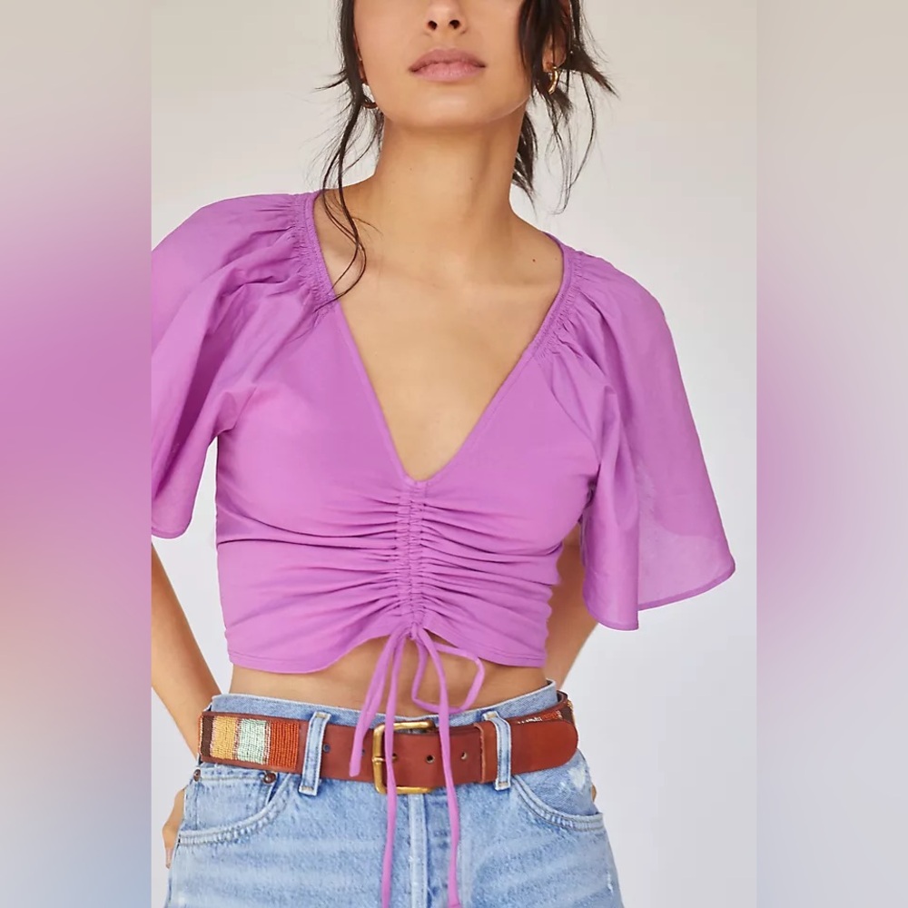 Purple Cinched Flutter-Sleeve Top
